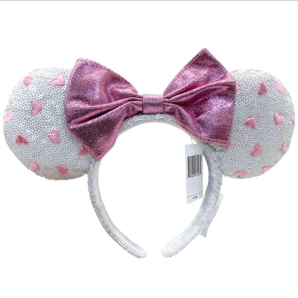 Disney Parks Pink heart-shaped White Sequins Mickey Bow Headband